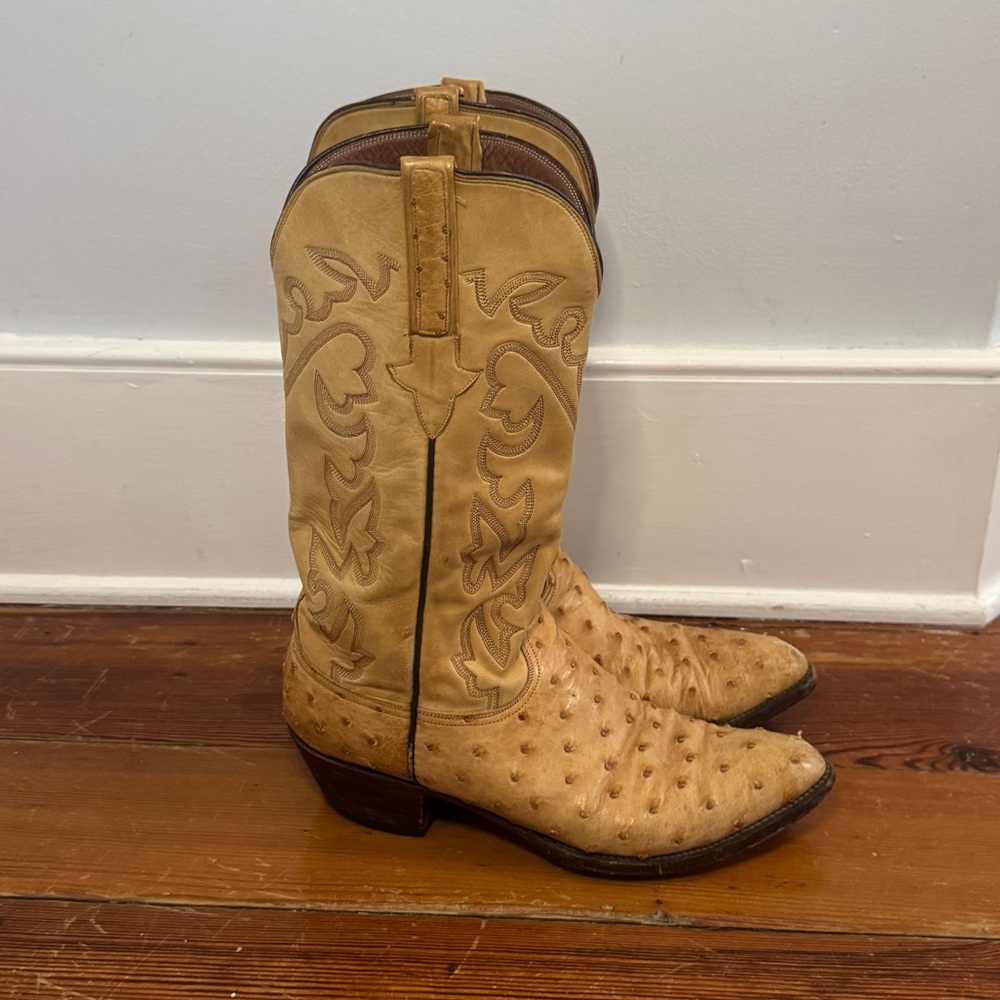 Vintage Rare Lucchese Cowboy Western Boots Light Tan Ostrich Leather 9 D